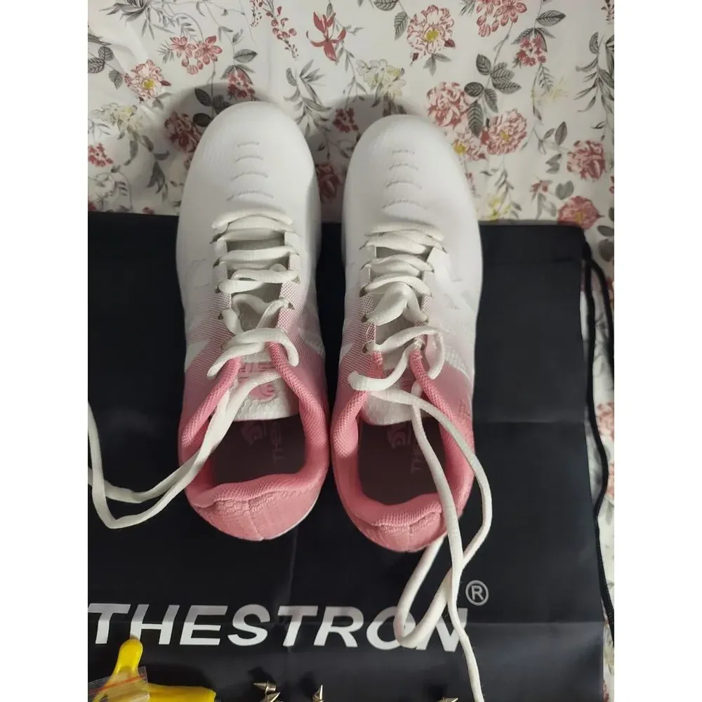 THESTRON Girls Sz 8 Track Spikes Running Sprint Racing Shoes White Pink Athletic